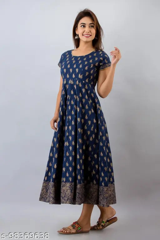 Navy cotton paisley print Anarkali kurta with gold accents and short sleeves, tailored for women's ethnic wear in India