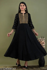 Black rayon embroidered Anarkali kurti, three-quarter sleeves, SMA Embroidery women's fashionable Indian wear