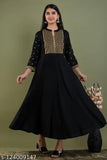 Black rayon embroidered Anarkali kurti, three-quarter sleeves, SMA Embroidery women's fashionable Indian wear
