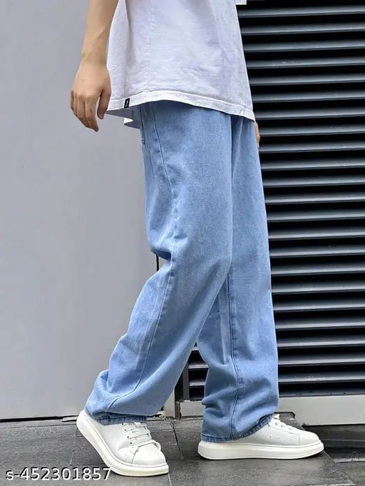 Denim Baggy jeans, loose fit, oversized, roomy for men. Solid pattern, comfortable trousers, casual bottoms, urban fashion pants, vintage-inspired denim. Size 28 (Waist 28, Length 42, Hip 38), also available in sizes 30, 32, 34. Made in India
