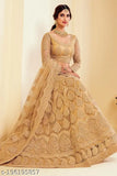 Golden net lehenga-choli with zari work and embroidery, semi-stitched Indian bridal wear