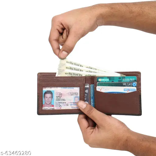 Faux leather/leatherette, brown colorblock men's bi-fold wallet. Styles Latest Unique Men Wallets for daily use, slim and stylish design, perfect for casual or formal trousers. Handcrafted by skilled technocrats in India