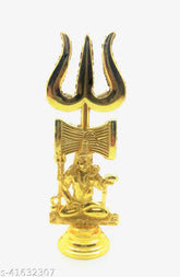 Handmade gold metal Shiva Trishul with Damru for pooja and car dashboard decor, Indian art