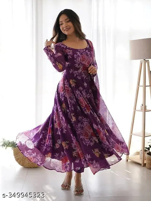 Purple floral printed Georgette gown with dupatta for women's parties, weddings, or festivals. Long sleeves, team with ethnic accessories. Hand wash. Sizes available from S-XXXL. Indian origin