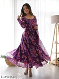 Purple floral printed Georgette gown with dupatta for women's parties, weddings, or festivals. Long sleeves, team with ethnic accessories. Hand wash. Sizes available from S-XXXL. Indian origin