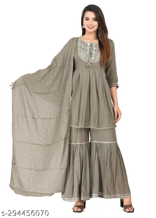 Gray rayon kurti set with sharara and dupatta, exquisitely embroidered for ethnic fashion events