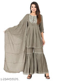 Gray rayon kurti set with sharara and dupatta, exquisitely embroidered for ethnic fashion events