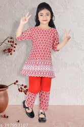 Red & navy blue cotton blend embroidered straight pyjama kurta, no dupatta. Perfect for parties and traditional Indian occasions like Diwali, Navratri, etc. Skin-friendly and suitable for all seasons, imported fabric with a 2-year warranty. Size: 9-10 Years (Top Length Size: 34 in, Bottom Length Size: 32 in). Made in India