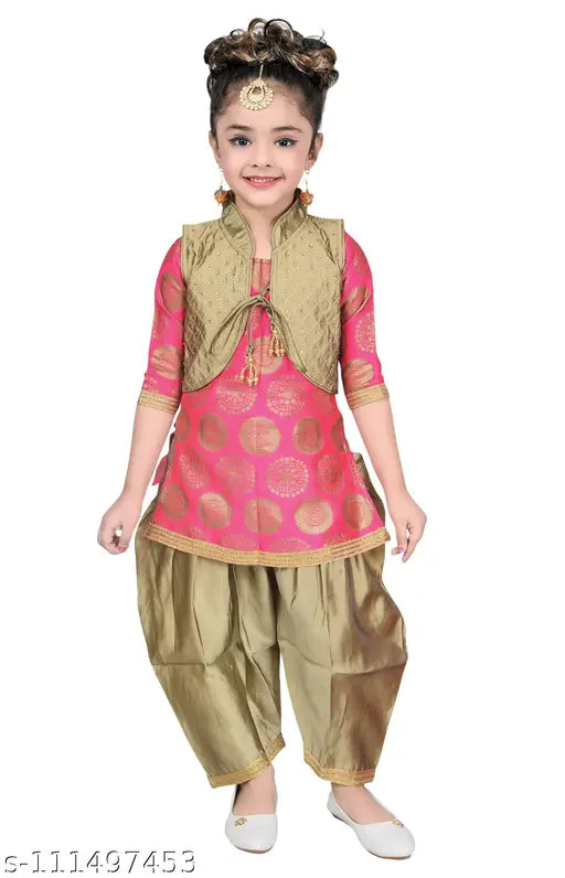 Pink cotton blend designer embroidery Patiala suit for girls by Hariyal Creation, size 4-5 years. Indian ethnic kids wear with anarkali top and patiala bottom, printed pattern and three-quarter sleeves