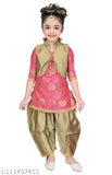 Pink cotton blend designer embroidery Patiala suit for girls by Hariyal Creation, size 4-5 years. Indian ethnic kids wear with anarkali top and patiala bottom, printed pattern and three-quarter sleeves