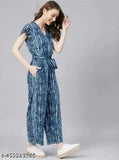 Blue rayon short-sleeve printed net jumpsuit, suitable for various occasions, ethnic women's wear from India