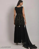 Black embroidered sequins georgette top with sharara and dupatta set, Indian ethnic wear in XL and XXL sizes