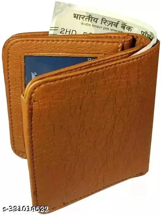 Tan faux leather men's wallet, 5 card slots, solid design, portable, textured body, multiple compartments, India origin
