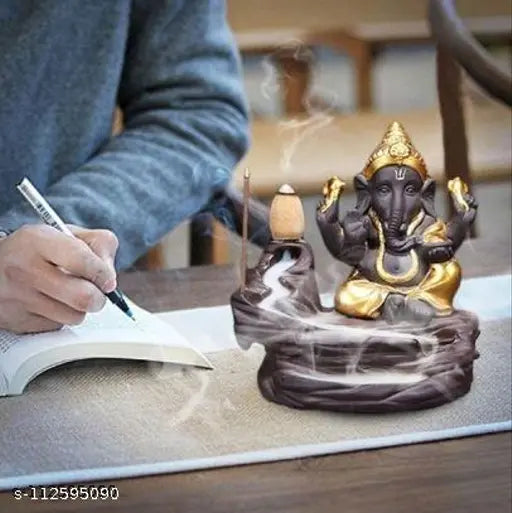 Handcrafted poly resin backflow smoke fountain Ganesh statue, complete with 10 free incense sticks - Indian artifact for positive energy and dream realization