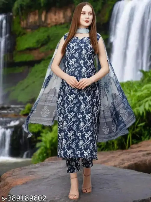 Blue cotton blend straight-printed kurta with trouser and dupatta, women's fashion set in Indian fabric