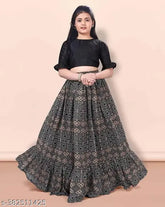 Black rayon round neck Lehenga Cholis by Niren Enterprise, traditional ethnic motif design for kids' parties and weddings