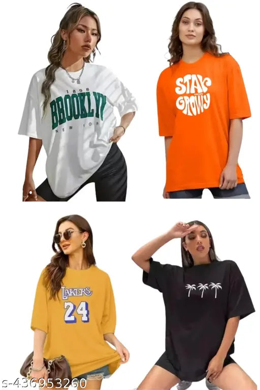 Stylish printed oversized cotton blend t-shirts combo pack of 4, loose fit, various sizes available for men and women