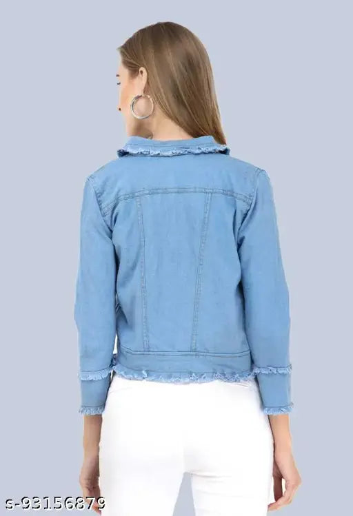 Women's solid denim full-sleeve jacket, long sleeves, trendy and comfortable, quality denim fabric, suitable for casual and party looks