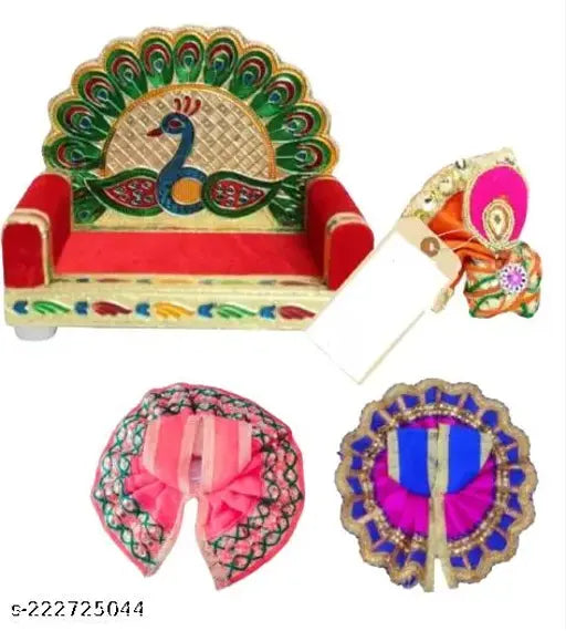 Wooden Laddu Gopal Singhasan with 2 Poshak and 1 Mukut/Pagdri, Size 2, silk-dressed Indian decor item on display