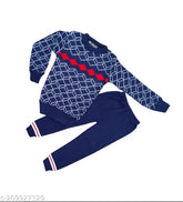 Navy blue self-designed wool sweatshirt and pant set for kids boys, full sleeves and printed dress