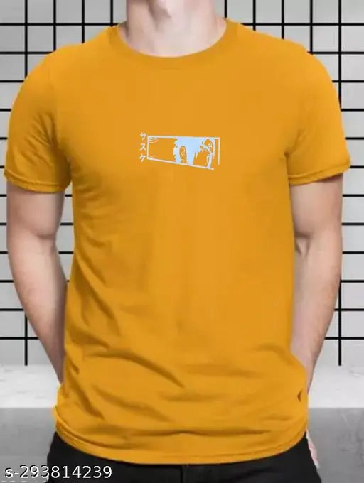 Mustard yellow cotton blend t-shirt with front back print, suitable for casual and party wear
