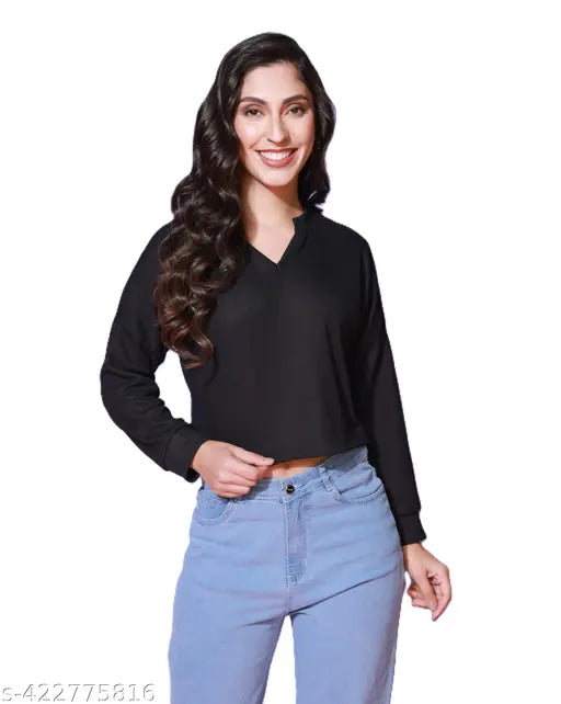 Sunshine Glowsones Women's cotton waffle V-neck long sleeve crop top, solid color, size S (36in bust, 17in length)