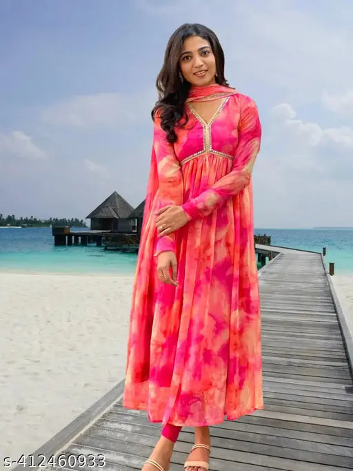 Georgette Alia Cut Gown, traditional Indian dress with long sleeves, vibrant dyed/washed net fabric. Available in sizes S-XXL