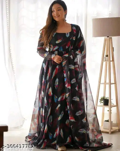 Georgette floral printed wedding gown with dupatta, long sleeves, S-XXXL sizes, India origin