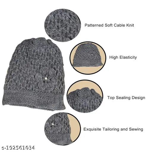 Red & Grey knitted beanie hats (pack of 2) with woolen fur lining and madam flower design, perfect for women and girls during winter