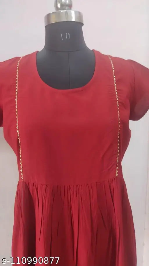 Maroon rayon flayered kurti, short sleeves, solid design, Gota lace detail, Indian origin