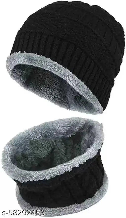 Woolen beanie cap combo & scarf set (2 pairs), warm fur lining, self-design, perfect for winter