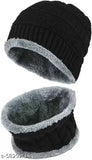 Woolen beanie cap combo & scarf set (2 pairs), warm fur lining, self-design, perfect for winter