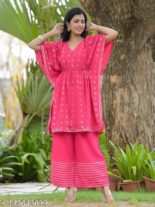 Rayon gold printed kaftan set with palazzos, trendy party wear for women