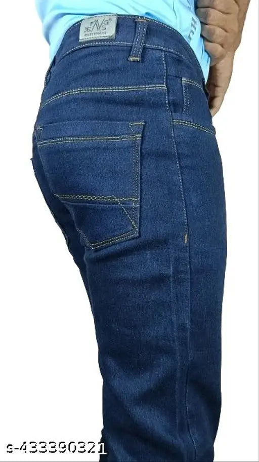Dark blue stretchable denim jeans for men, solid pattern from India