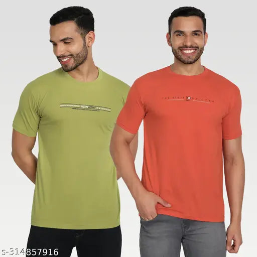 Red cotton blend men's printed round t-shirts pack 2, smart casual summer wear for Indian males