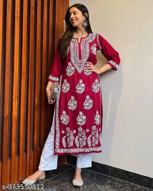 Rayon Chikankari Embroidered Kurti and Plazzo Set, three-quarter sleeves, Indian craftwork on display