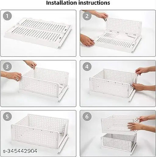 Foldable & stackable 4-layer plastic clothes organizer, ideal for wardrobe cupboard organization. Sturdy ABS plastic construction with baffle design and waterproof property." (115 characters)
