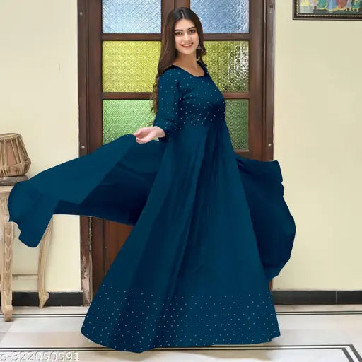 Rayon kurti with embellished net dupatta for women's fancy wear, Indian traditional gown set with matching accessories, available in various sizes from M-5XL