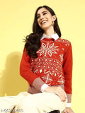 Red printed polycotton Urbane Ravishing women's sweater with Christmas theme, long sleeves and ribbed hem - India