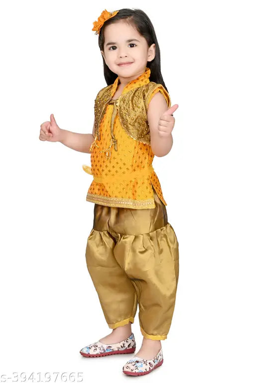 Chanderi silk patiala kurta set for baby girl, A-line shape with dhoti pants and zari woven pattern, suitable for 3-6 Months to 2 Years. Indian origin traditional Punjabi dress design