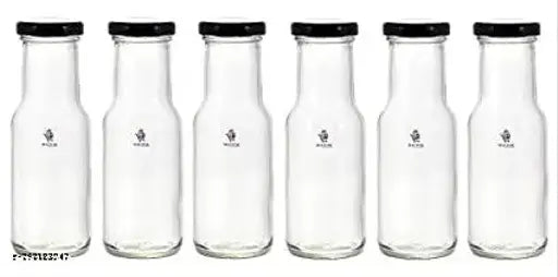 Clear glass water spray bottles, 200ml capacity with rust-proof black caps, reusable for milk or juice, BIS/ISI certified, Made in India