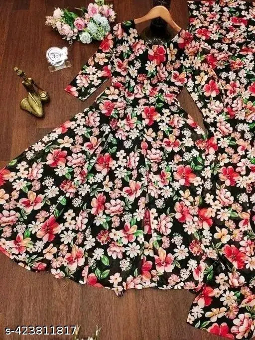 Trendy retro women's georgette gown with three-quarter sleeves, zari woven net pattern. XS to XXL sizes available, made in India