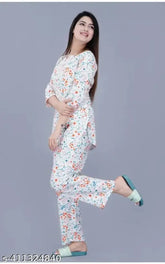 White and blue floral print viscose rayon nightwear set, featuring a top and pyjama, suitable for home and sleep