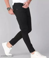 Men's black cotton blend dashing jeans, stretchable and comfortable for a versatile style. Solid-colored jeans with exceptional value and durability (size 26, 28, 30, 32; waist 28-34in, length 39in, hip 30-34in). Made in India
