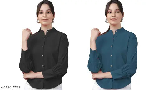 Rayon three-quarter sleeve woman's American Crepe office wear shirt combo - solid color, modern professional attire from India