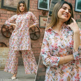 Premium cotton blend coord set for women's & girls, loose-fit design with front open collar, all-over typography print, wide leg palazzos and elasticated pants