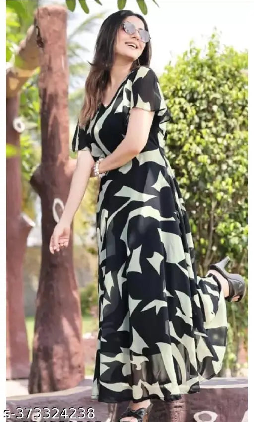 New designer georgette Stone Print gown for women, short sleeves, XL size (Bust 42in, Length 49in), Indian origin