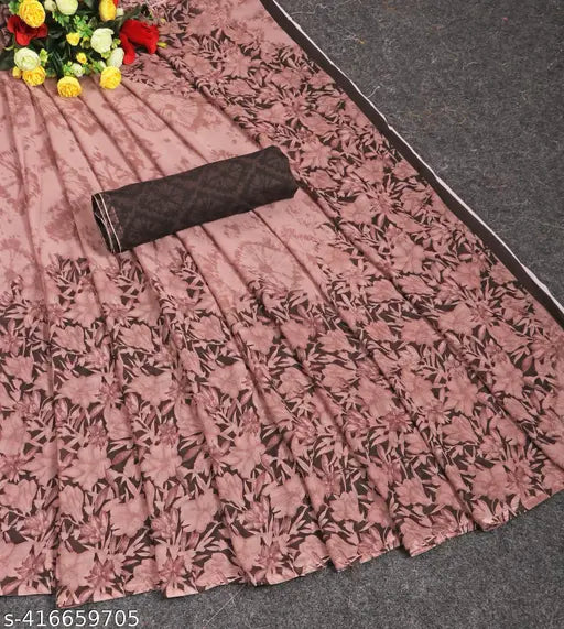 Brown Georgette saree with running blouse from Vichitra Sarees, free size, printed pattern on both saree and blouse