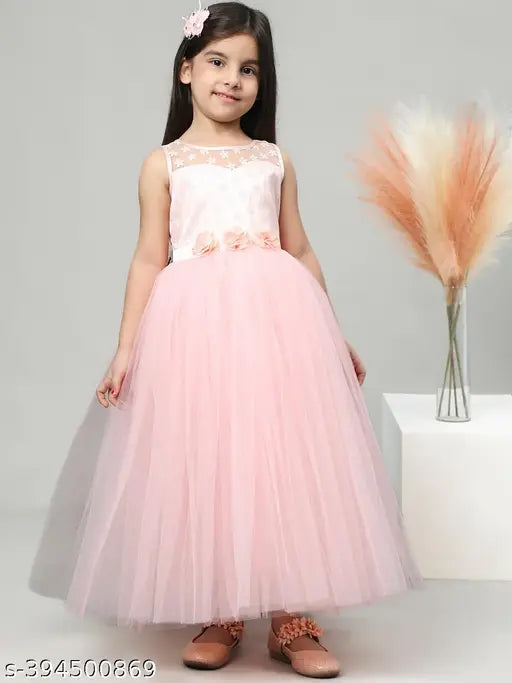 Peach net party dress for girls, embellished with toy balloon prints, suitable for ages 1-2 to 10-11 years