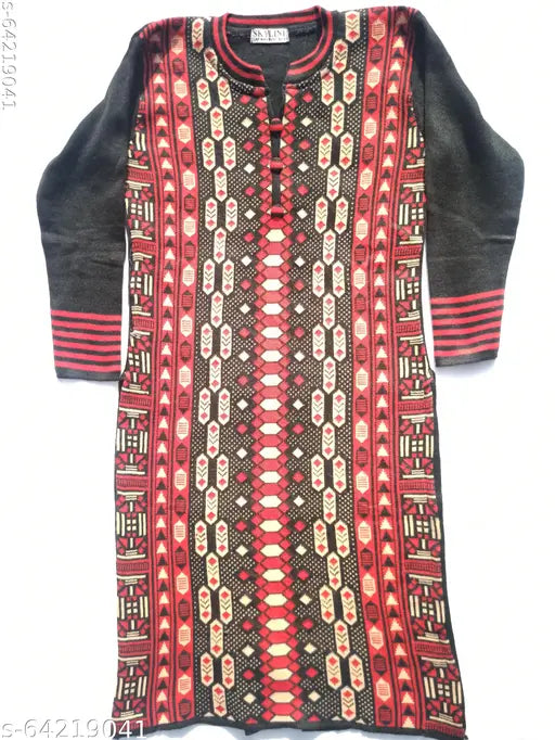 Black woolen kurti with print, long sleeves, made by Kaina Creations. Indian contemporary fashion for women